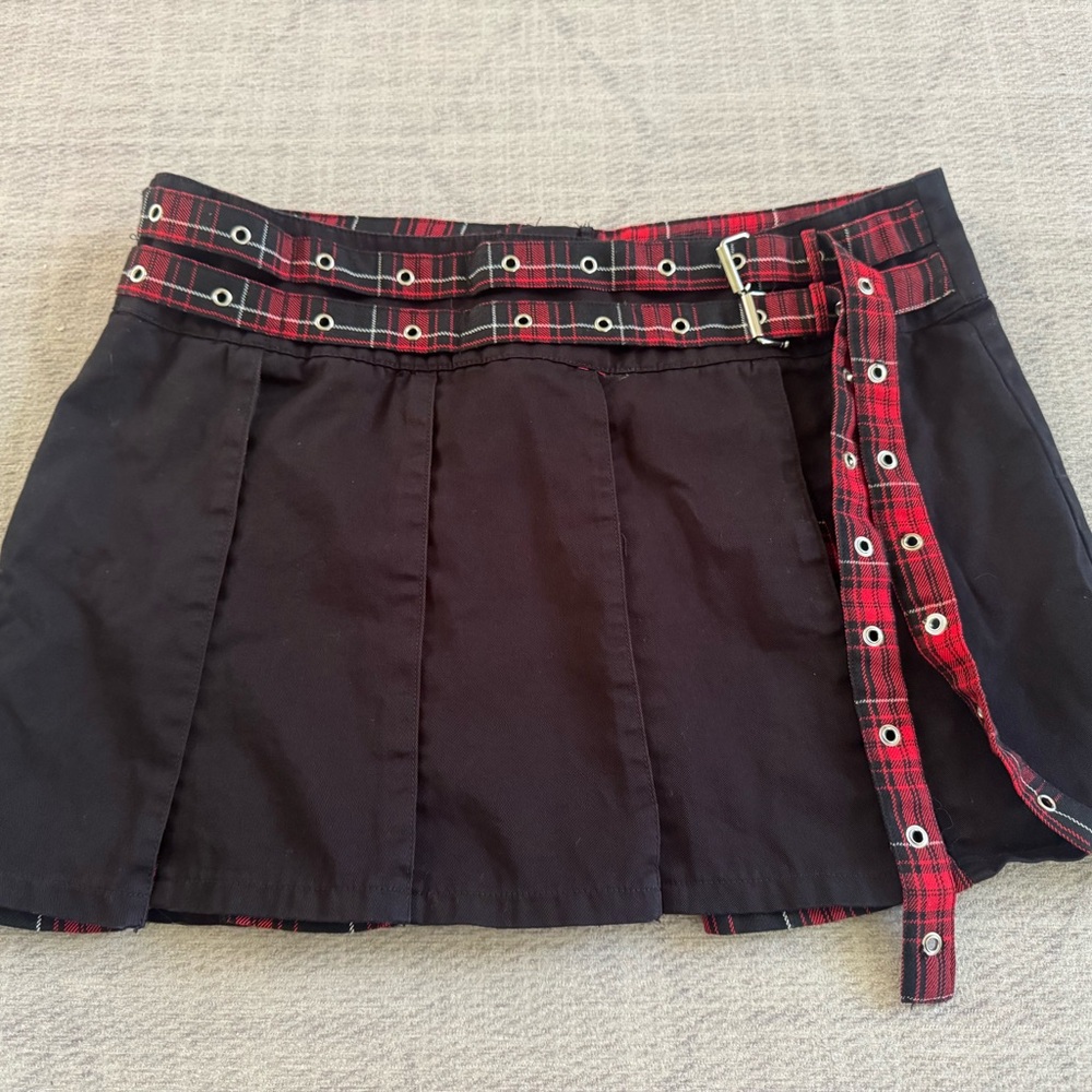 Tripp NYC Black Mini Skirt with Red Plaid Eyelet Belt